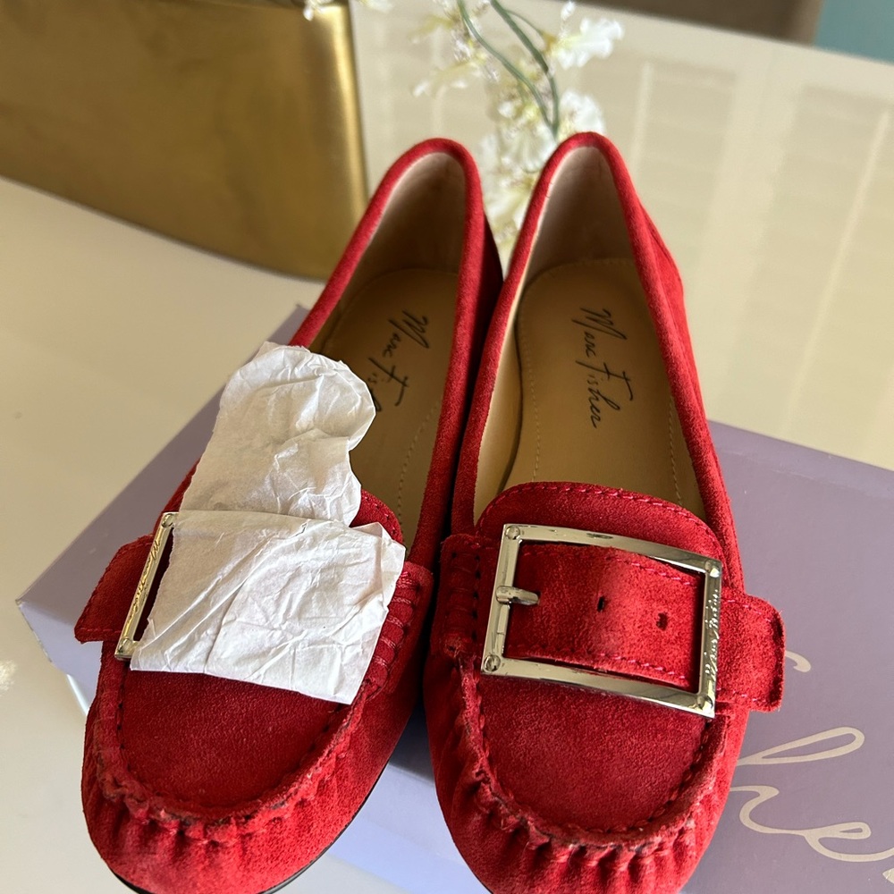 Mark Fisher Red Suede Flats, Buckle Flats NIB